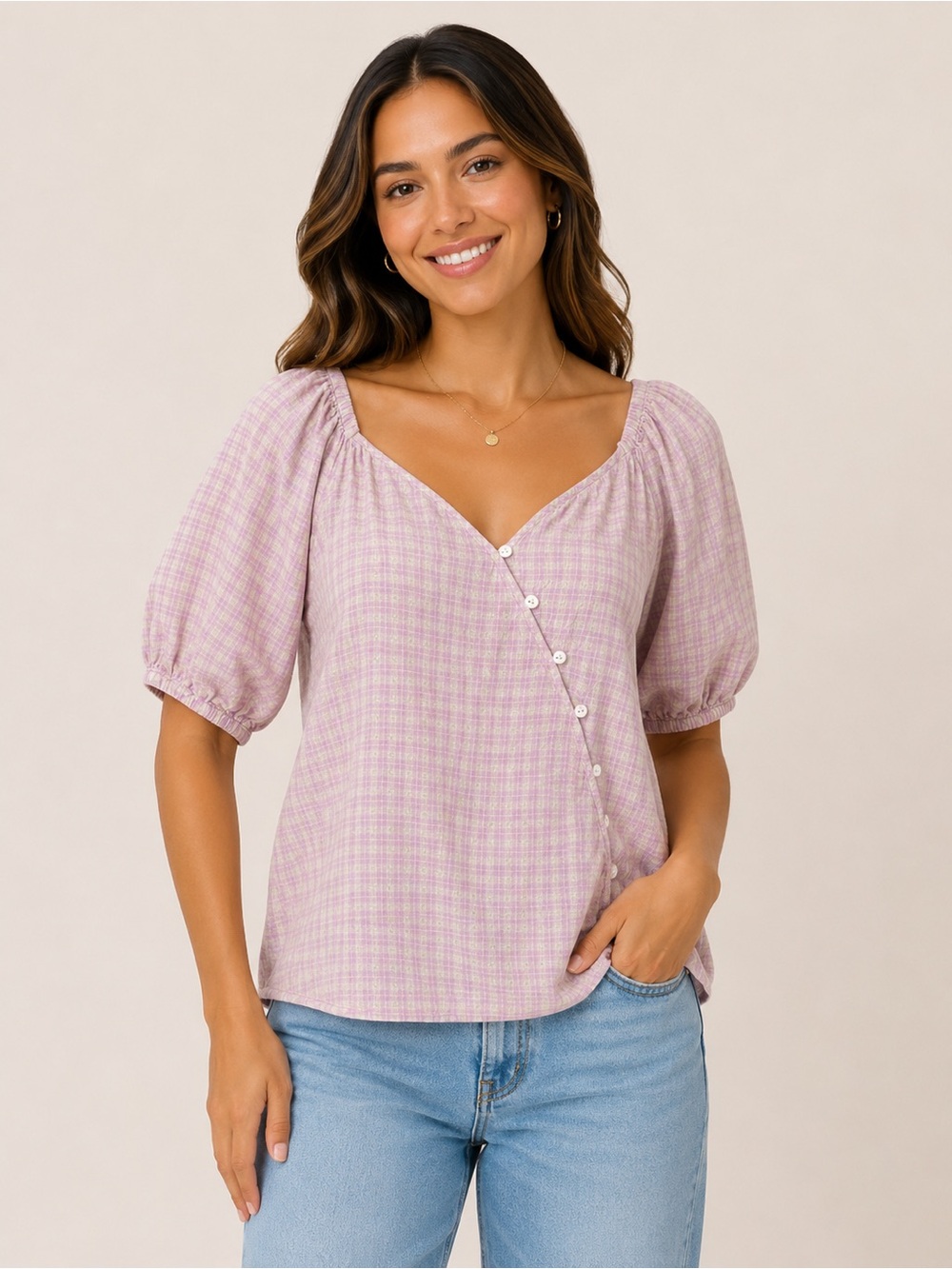 Madewell Plus Size 3X Linen Blend Puff Sleeve Button Wrap Top Sweet Lavender Pld - Picture 2 of 13